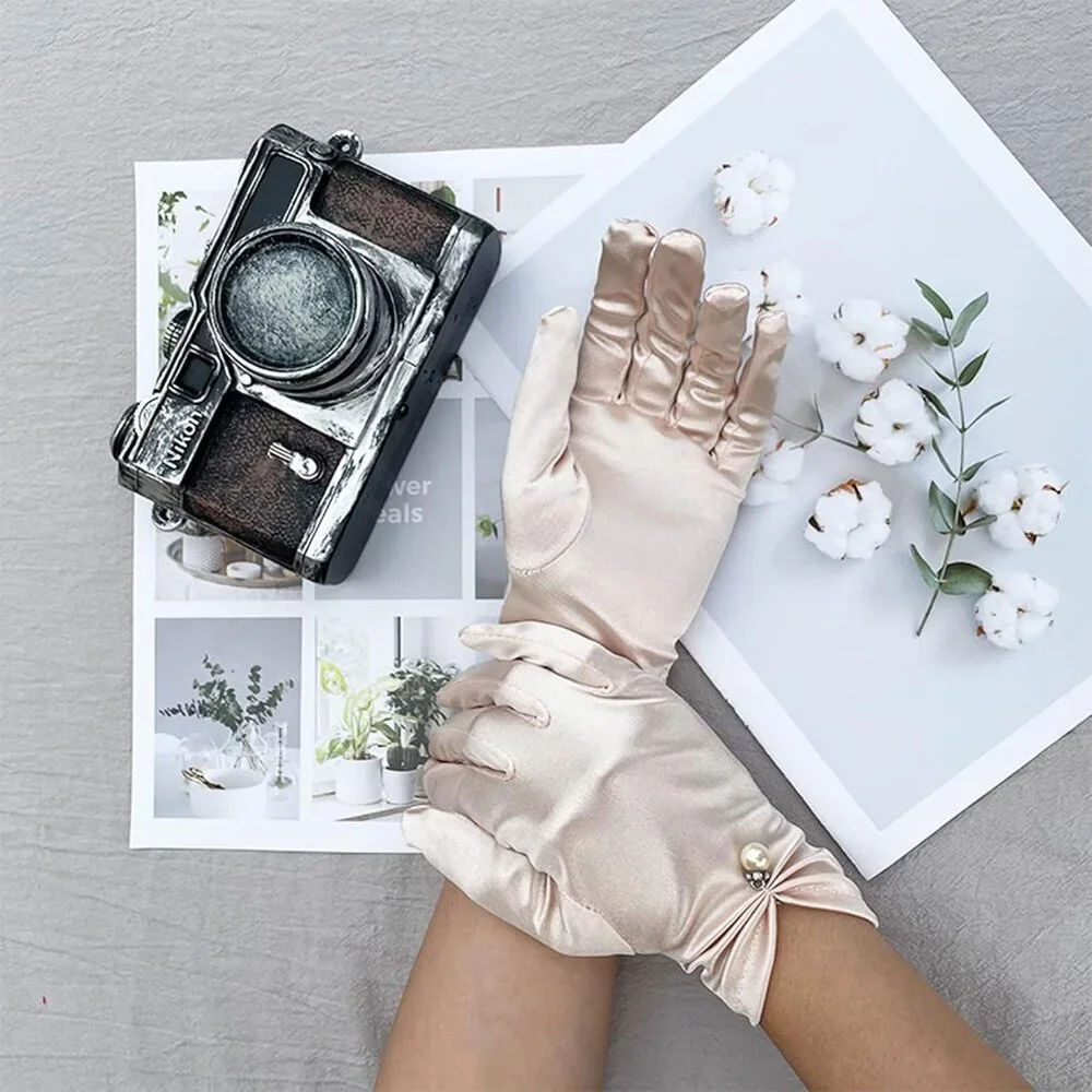 Women's Champagen Satin Pearl Wedding Dress Party Wrist Gloves Short Length